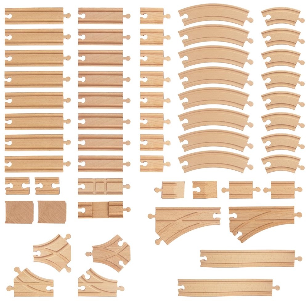 Wooden Train Tracks 58 Piece Set, Track Expansion and 9 Distinct Pieces - 100% Compatible with All Major Brands Including Thomas Wooden Railway System