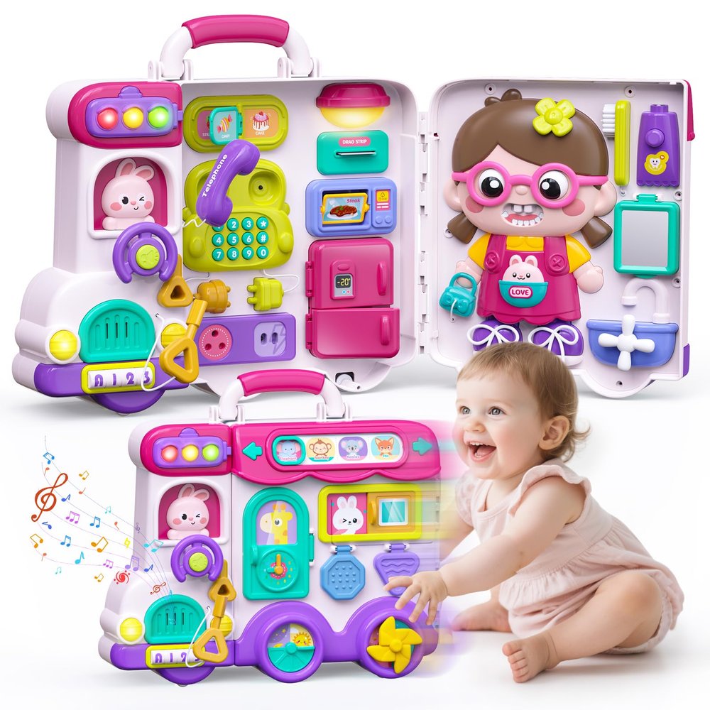 54-in-1 English & Spanish Busy Board Montessori Toys Gift for 1 2 Year Old Girls, Educational Montessori Learning Toys for 1 Year Old, Christmas Toys Gifts for 1 2 Year Old Girl, 1 Year Old Gift Toy