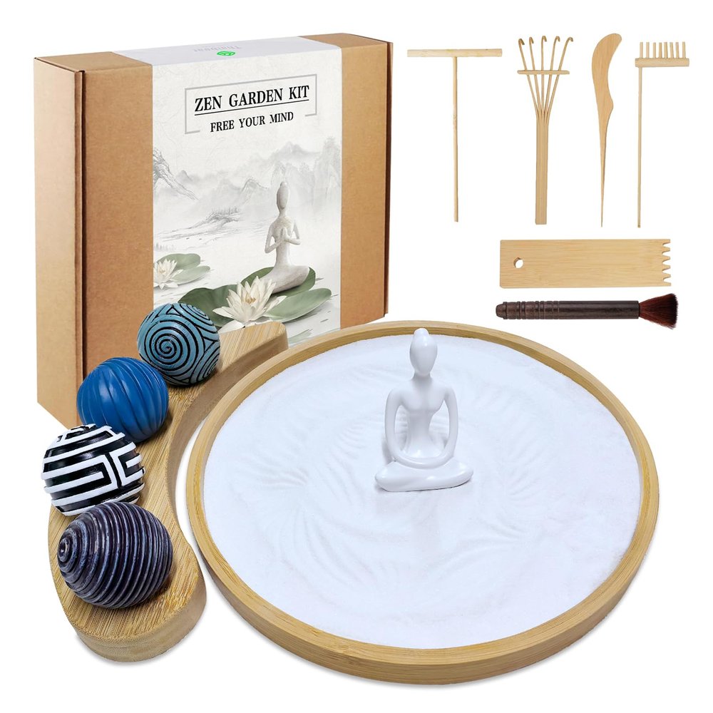 Zen Garden Kit for Desk - Premium Beautiful Japanese Mini Zen Sand Garden Box Gift Set for Home Decor, Office Desk with Large Round Bamboo Tray, White Sand, 4 Sand Spheres & Spheres Holder