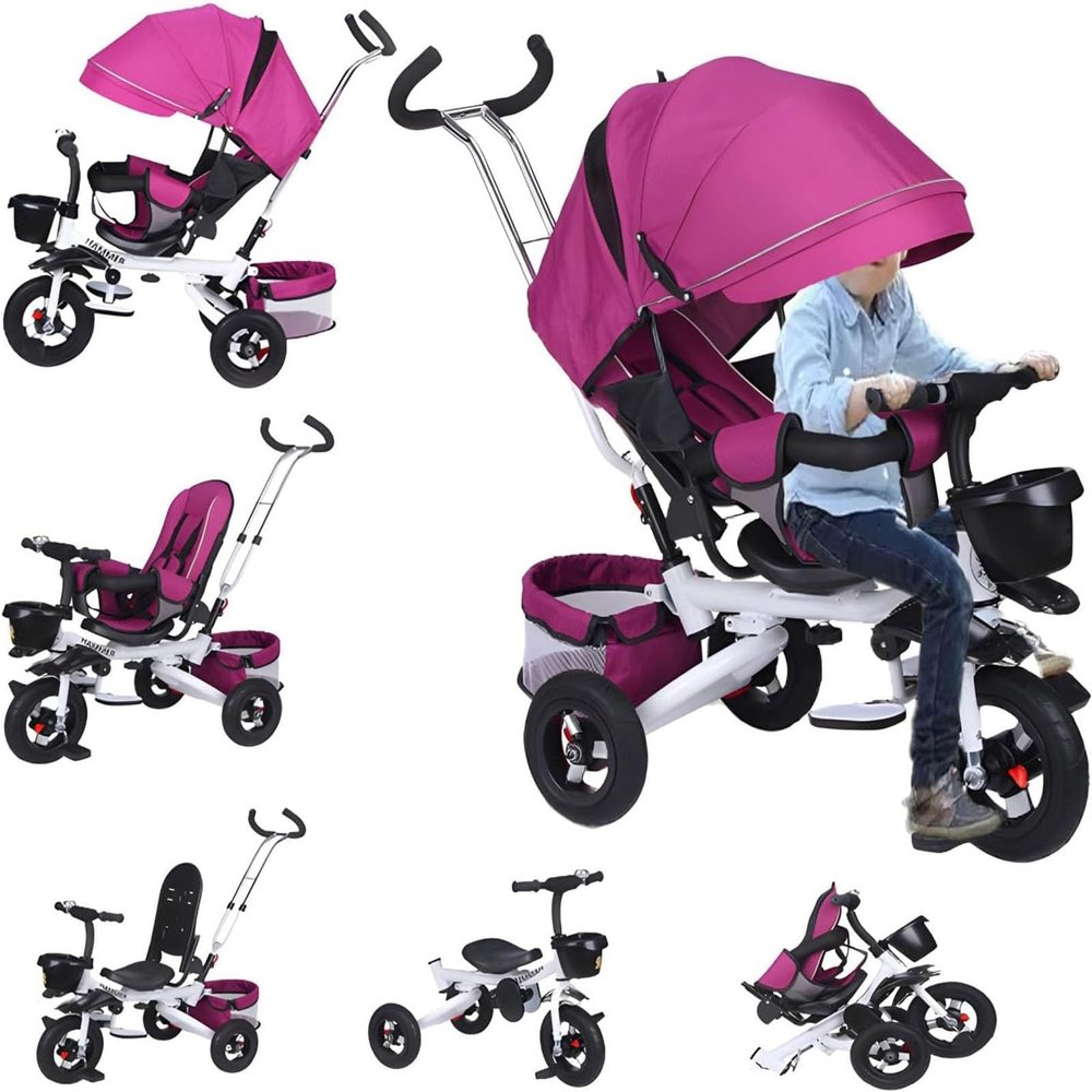 Baby Trike, 5-in-1 Tricycle Stroller,Adjustable Push Handle, Rotatable Seat, Retractable Canopy,Detachable Guardrail,Folding Baby Trike,for Toddlers 18 Months to 5 Years(Purple)