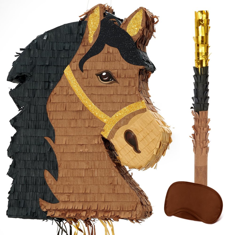 WERNNSAI Horse Piata - Brown Horse Party Decorations Hanging Cowboy Piata with Blindfold and Bat Western Cowboy Party Favors for Kids Boys Classroom Activities Game