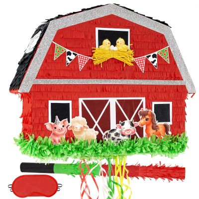 WERNNSAI Red Farm Animal Piata - Farm Baby Shower Decorations Animal Pinata Party Game for Kids Birthday Celebrations Milk Farm Party Favor Supply with Bat Blindfold