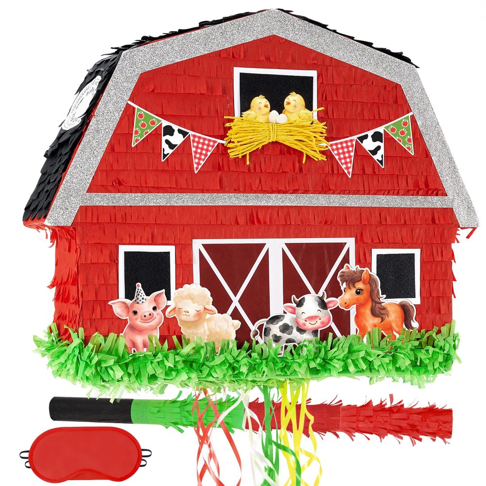 WERNNSAI Red Farm Animal Piata - Farm Baby Shower Decorations Animal Pinata Party Game for Kids Birthday Celebrations Milk Farm Party Favor Supply with Bat Blindfold