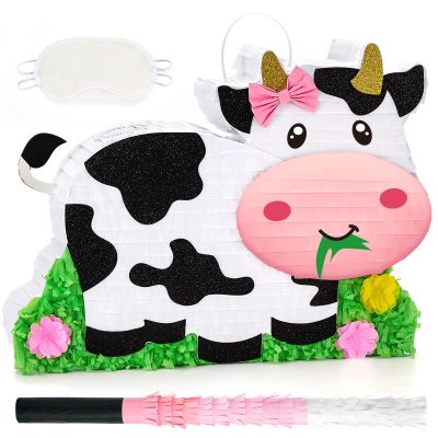 WERNNSAI Dairy Cow Piata - Farm Animal Party Game Cow Pinata for Girls Birthday Party Decorations Kids Happy Party Favor Supplies with Bat Blindfold, Farm Theme Candy Toys Filler