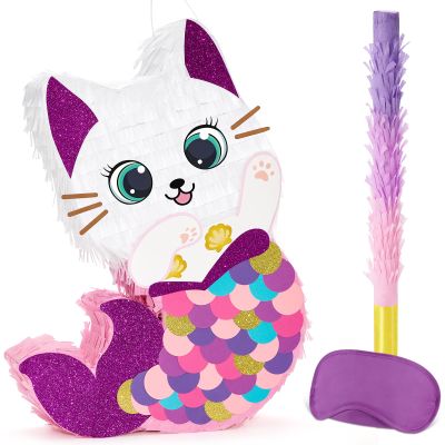 WERNNSAI Cat Piata - Kitten Mermaid Birthday Party Decorations Kids Mermaid Pinata with Blindfold and Bat for Girls Summer Under the Sea Birthday Party Supplies Game Set