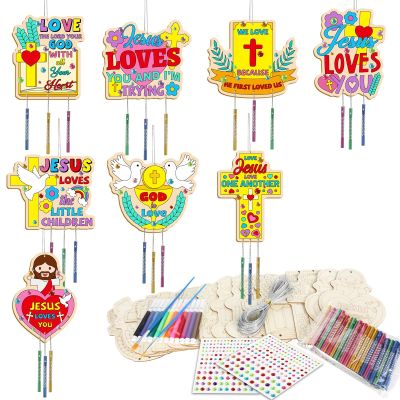 16 Pack Easter Jesus Loves Me Crafts for Kids Wooden Religious Wind Chime Crafts Kits Make Your Own Christian Crafts Wooden DIY Arts for Party School Classroom Decorations Supplies Birthday Favors