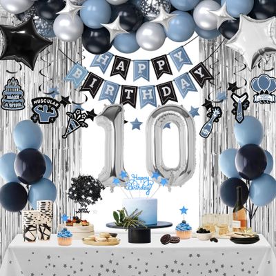 10th Birthday Decorations, Dusty Blue 10 Birthday Decorations for Boys Girls, Blue Sliver Black Birthday Party Decor with Happy Birthday Banner, Number Balloons, Foil Balloons, Swirl