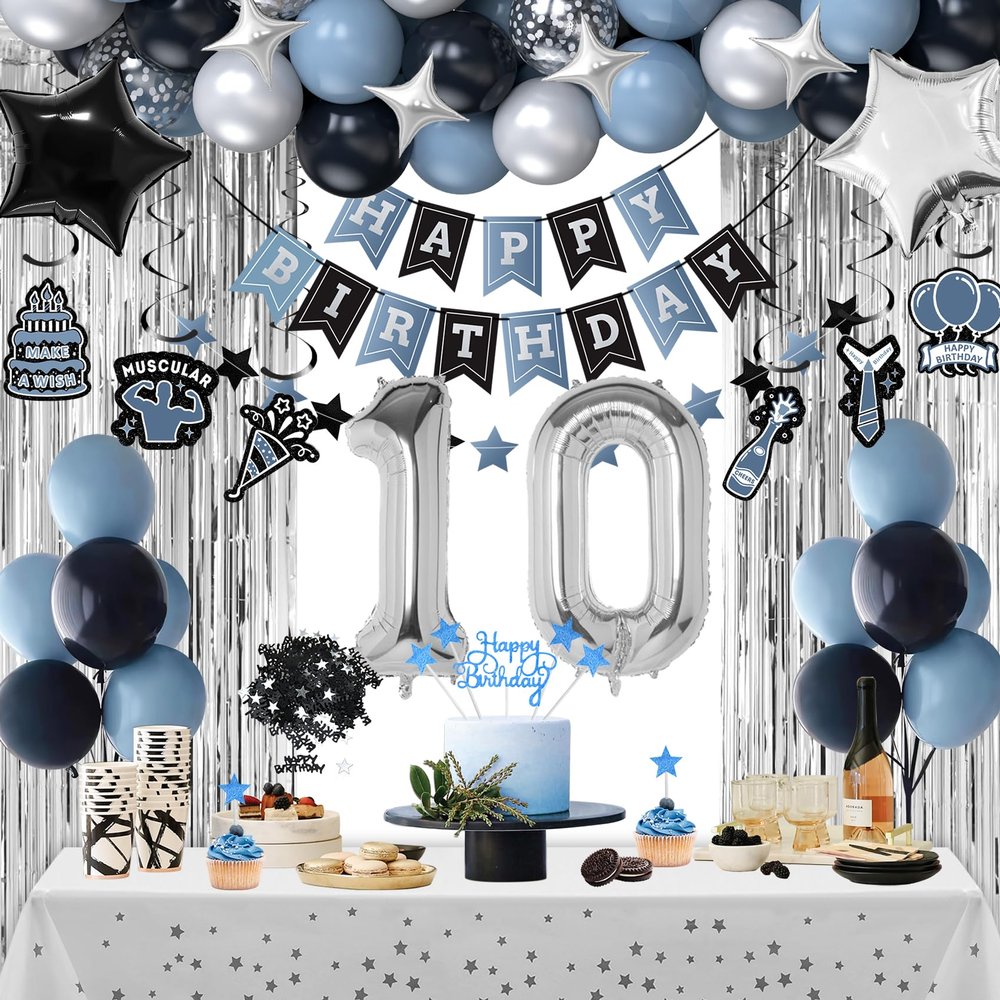 10th Birthday Decorations, Dusty Blue 10 Birthday Decorations for Boys Girls, Blue Sliver Black Birthday Party Decor with Happy Birthday Banner, Number Balloons, Foil Balloons, Swirl