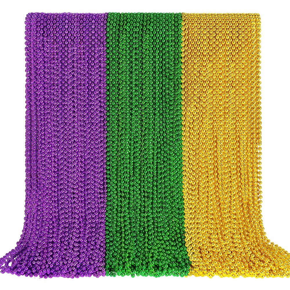 102 PCS Mardi Gras Beads, 33'' Metallic Gold Green Purple Mardi Gras Beads Necklaces Mardi Gras Necklaces Accessories Bulk Carnival Bead Necklace for Mardi Gras Parade Throws Party Decorations Favors