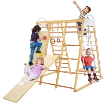 GLACER 8-in-1 Jungle Gym, Wooden Indoor Climbing Gym w/Slide, Swing, Monkey Bars, Rope Ladder, Climbing Rock & Net, Gymnastic Rings, Sturdy Indoor Playground for Boys Girls Ages 3+ (Natural)
