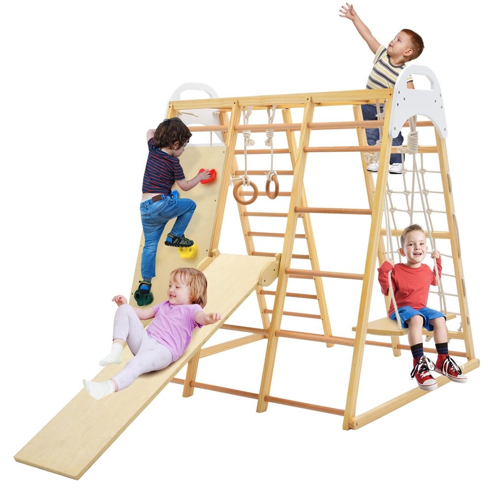 GLACER 8-in-1 Jungle Gym, Wooden Indoor Climbing Gym w/Slide, Swing, Monkey Bars, Rope Ladder, Climbing Rock & Net, Gymnastic Rings, Sturdy Indoor Playground for Boys Girls Ages 3+ (Natural)
