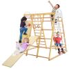 GLACER 8-in-1 Jungle Gym, Wooden Indoor Climbing Gym w/Slide, Swing, Monkey Bars, Rope Ladder, Climbing Rock & Net, Gymnastic Rings, Sturdy Indoor Playground for Boys Girls Ages 3+ (Natural) view 1