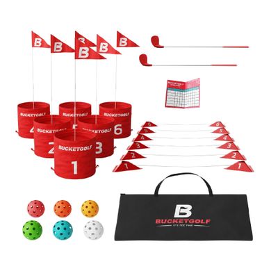 bucketgolf Game 6 Hole Bundle with Clubs - The Best Backyard Golf Game for All Ages and Levels Adults, Kids, Families, Schools, Yards, Parks, Beaches, Vacation. (2 Clubs (2 RH))