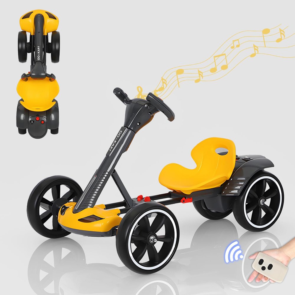 BEUDUOQI 6V Electric Go Kart for Kids Boys Girls, Foldable Go Kart with Reversing Model & Adjustable Seat, Ride On Racing Kart with Music, Lights, Horn Kids Electric Vehicles,Yellow,Lengthen