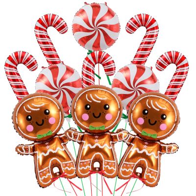 11Pcs Gingerbread Balloons Christmas Decorations - 32 Inch Gingerbread Foil Balloons - Red Candy Cane Balloon for Christmas Party Decorations - New Year Birthday Party Decor