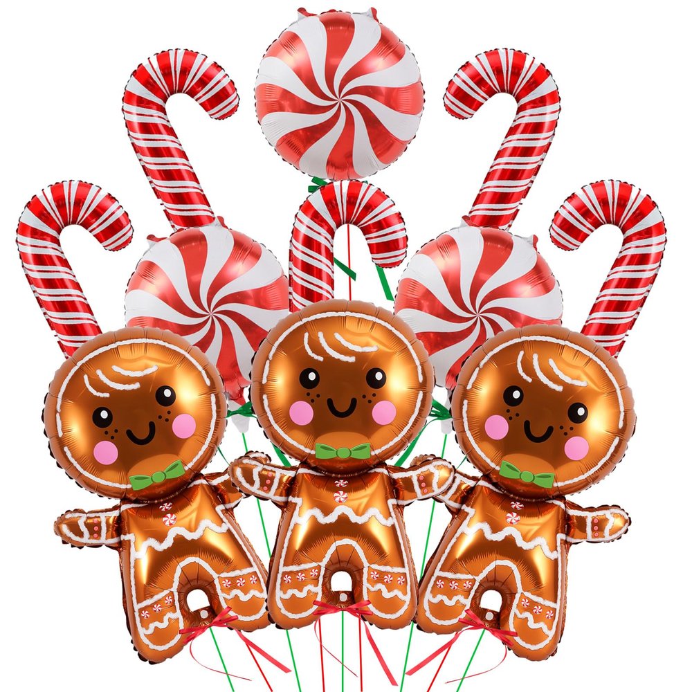 11Pcs Gingerbread Balloons Christmas Decorations - 32 Inch Gingerbread Foil Balloons - Red Candy Cane Balloon for Christmas Party Decorations - New Year Birthday Party Decor