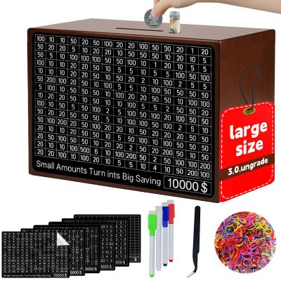 10000 Savings Challenge Box Wooden Money Saving Box 10,000 Dollar Cash Box Kakeibo Money Box Coin Digital Piggy Bank Cash Vault Bank 10k Smash, Caja De Ahorros 10000Brown 9.1 x 6.7 x 3.2 Inches