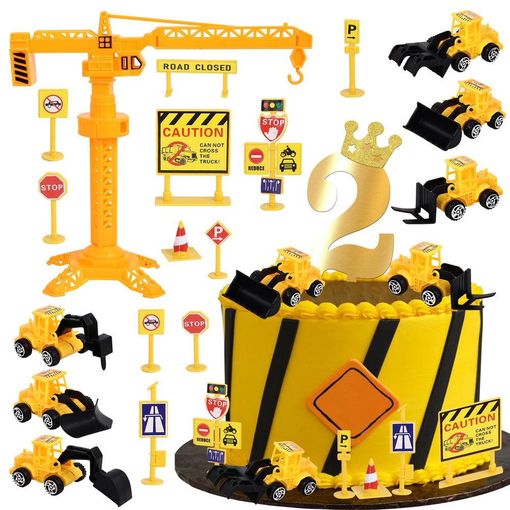 17 Pack Construction Vehicles Cake Toppers Set Road Sign Tower Digger Cupcake Toppers Acrylic Number 2 Cake Picks for Construction Theme Baby Shower Kids 2nd Birthday Party Cake Decorations Supplies