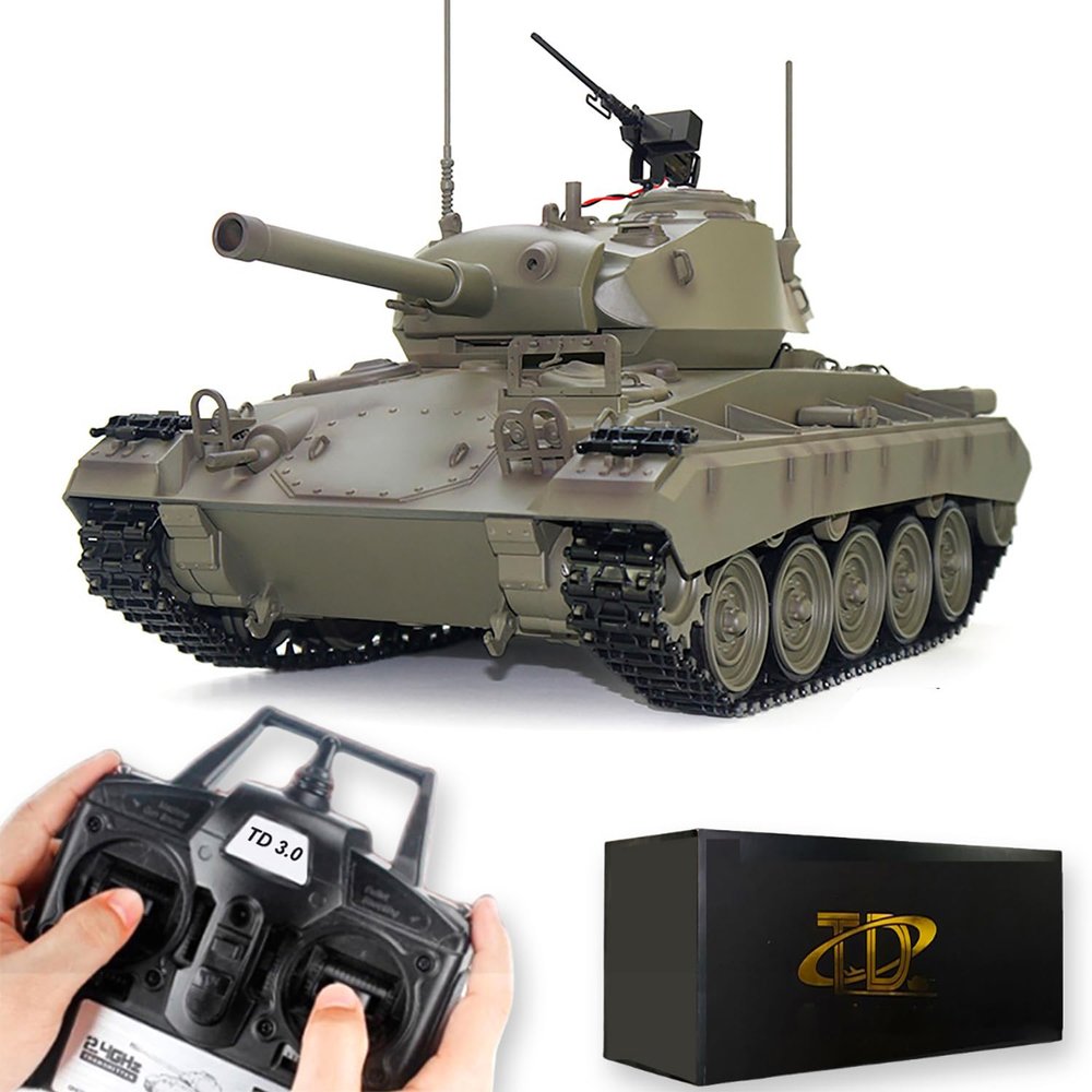 Ssccgym Remote Control Light Tank M24 Chaffee Tank 1/16 War RC Military Vehicle Simulation Smoke Barrel Telescoping NO-Shooting Sound Effect Collection Model 34CM (3.0 Mainboard)