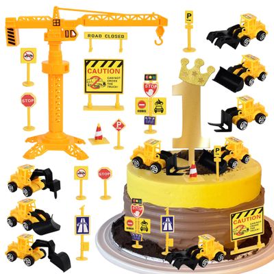 17 Pack Construction Vehicles Cake Toppers Set Acrylic Number 1 Cake Picks Road Sign Tower Digger Cupcake Toppers for Construction Theme Baby Shower Kids 1st Birthday Party Cake Decorations Supplies