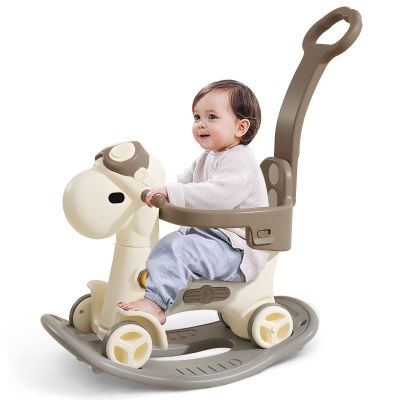 4 in 1 Rocking Horse for Toddlers 1-3 Years Old, Baby Rocking Toy Fun Birthday Gift for 1+ Kids, Ride on Toy with Guard Rails, Detachable Balance Board and FootrestBalance Bike with Push Handle