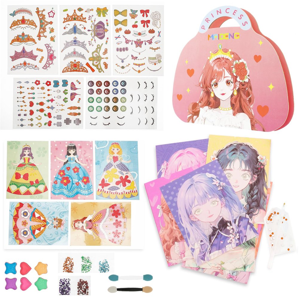 3 in 1 Princess Art Craft Kits, DIY Dress Up Game Set with Diamond Art, Dress Up Sticker Books, Paper Makeup Activity Art Craft Kits for Girls Ages 4 5 6 7 8 9+ Year Old, Ideal Birthday Gift (Style 1)