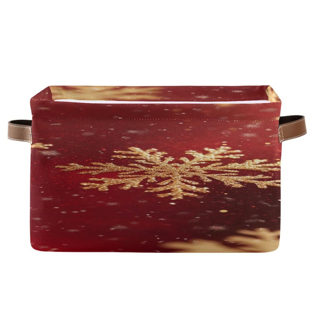 Nander Red Background Christmas Gold Snowflakes Storage Basket 1PCS,Foldable Storage Bin Waterproof Laundry Basket Storage Box with Handle for Home Closet & Office Living Room