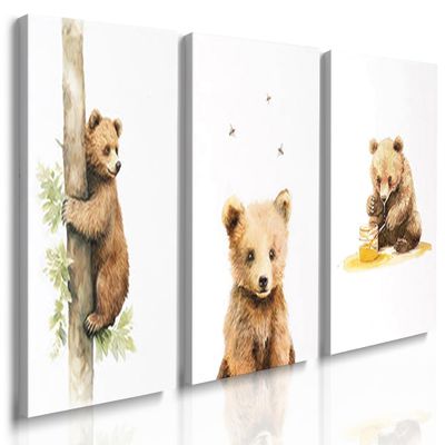GUBIYU Funny Animal Bear Art Wall Decor Woodland Nursery Wall Art Bears Canvas Prints Bear Posters Cute Bear's Life in Forest Pictures Paintings for Boys Girls Nursery Room Decoration Large 20"x28"