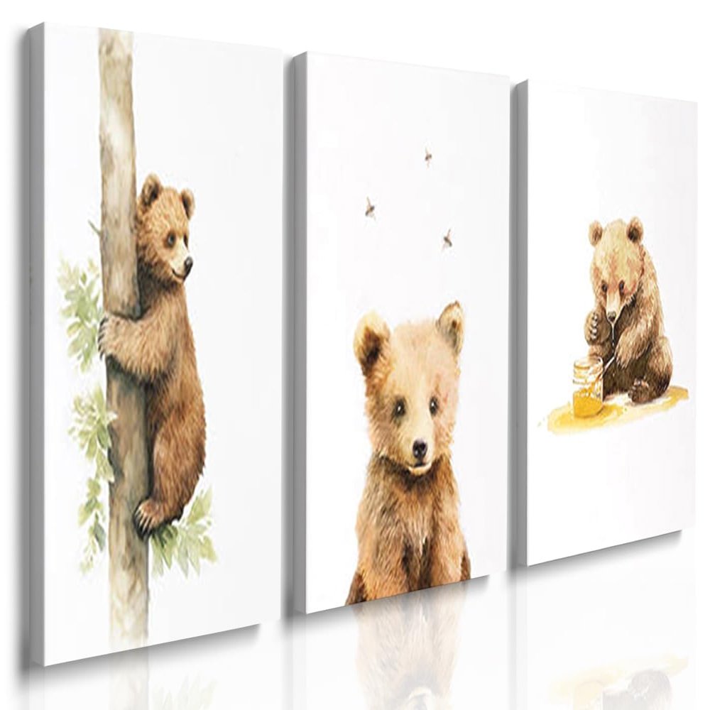 GUBIYU Funny Animal Bear Art Wall Decor Woodland Nursery Wall Art Bears Canvas Prints Bear Posters Cute Bear's Life in Forest Pictures Paintings for Boys Girls Nursery Room Decoration Large 20"x28"