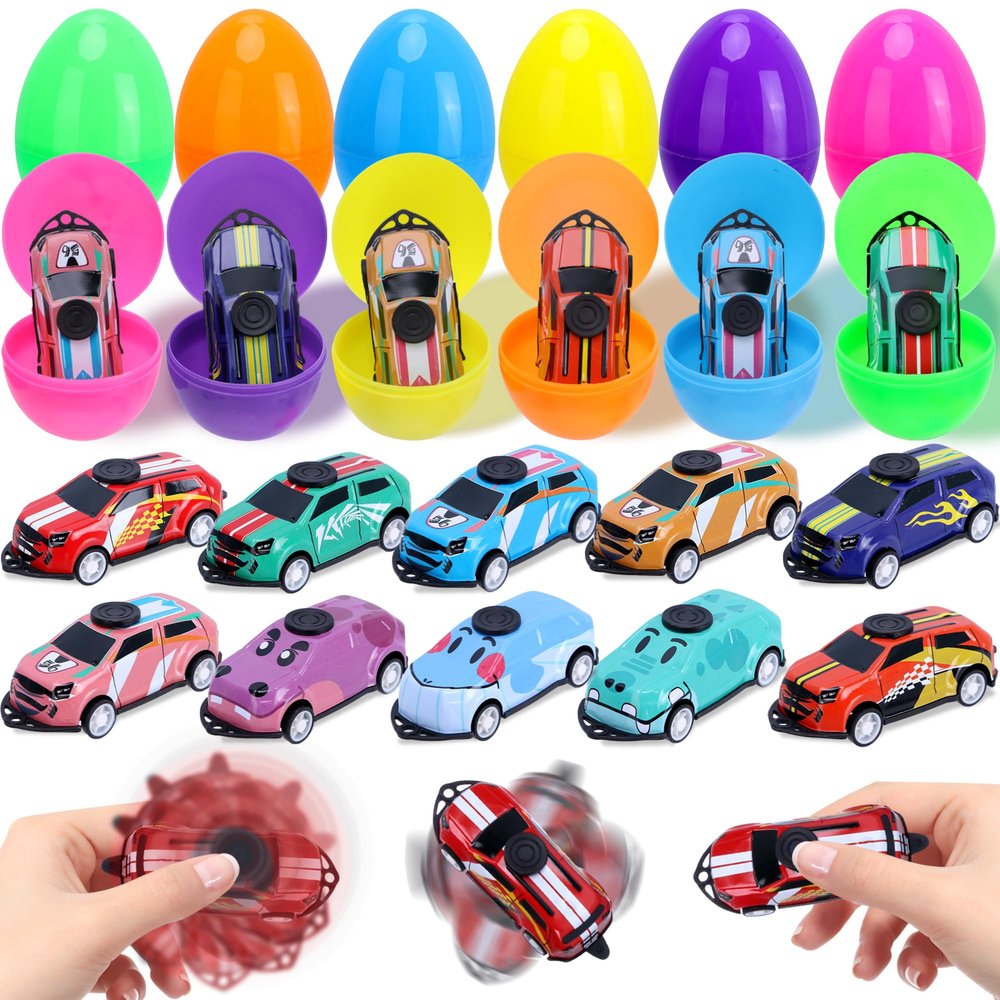 12 Pack Prefilled Easter Eggs with Toys, Cars Fidget Spinner Toys Easter Basket Egg Hunt Stuffers, Pre Filled Easter Eggs Fillers for Kids Gifts Party Favors, Goodie Bag Stuffer, Easter Prizes