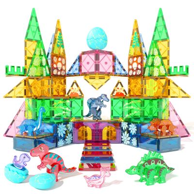 Asago Dinosaur Toys Magnetic Tiles Set - 2 Eggs, 2 Baby Dinos & 5 Large Dinosaurs for Kids 3-5, 105pcs Magnetic Building Blocks for Toddlers 1-3 4-8Magnet Tiles Educational Toy for Boys Girls