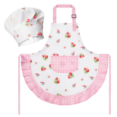 R HORSE Kid Apron and Chef Hat Set - 2Pcs Plaid Floral Adjustable Children Kitchen Toddler Apron for Girls, Role Play Chef Toy Cooking Baking Painting and Training Kit Kid Funny Cooking Birthday Gift