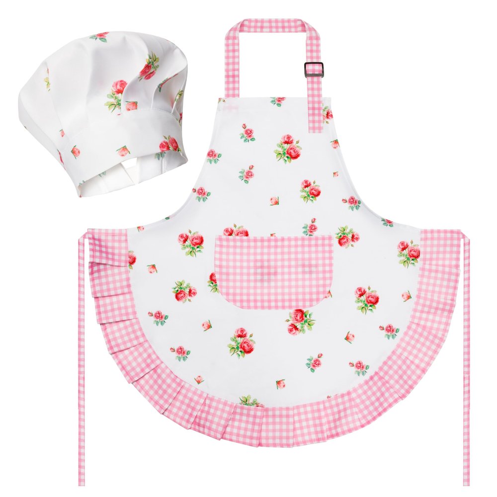 R HORSE Kid Apron and Chef Hat Set - 2Pcs Plaid Floral Adjustable Children Kitchen Toddler Apron for Girls, Role Play Chef Toy Cooking Baking Painting and Training Kit Kid Funny Cooking Birthday Gift