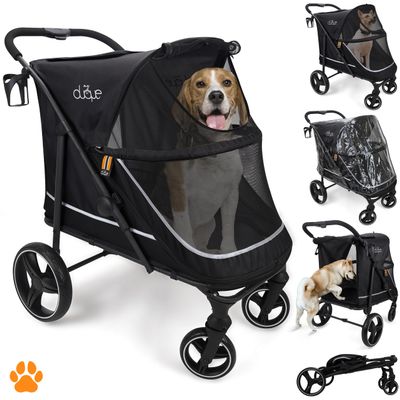 MY DUQUE - Pet Stroller Champ - XL Large Dog Buggy, Petbuggy, Spacious, Travel Pet Pushchair, Pet Pram, Cat, Dog, Folding, incl. Raincover, Cupholder, Inner Storage, Max Load 50kg/110lb, Color Black