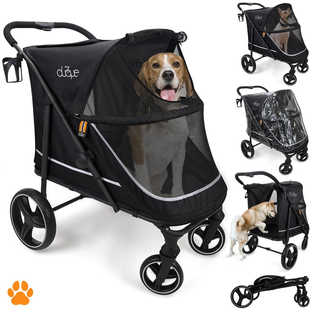 MY DUQUE - Pet Stroller Champ - XL Large Dog Buggy, Petbuggy, Spacious, Travel Pet Pushchair, Pet Pram, Cat, Dog, Folding, incl. Raincover, Cupholder, Inner Storage, Max Load 50kg/110lb, Color Black