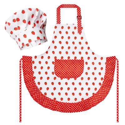 R HORSE Kid Apron and Chef Hat Set - 2Pcs Strawberry Adjustable Children Kitchen Toddler Apron for Girls, Role Play Chef Toy Cooking Baking Painting and Training Kits Kid Funny Cooking Birthday Gift