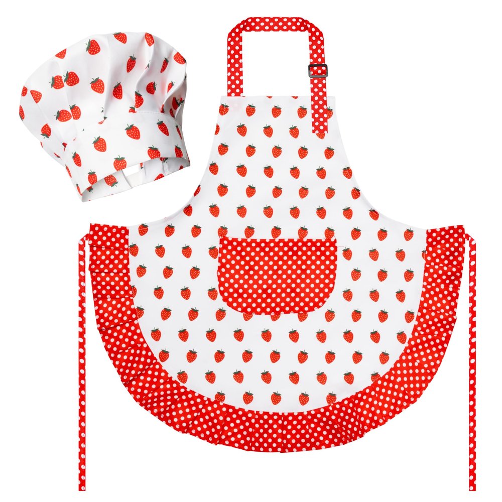 R HORSE Kid Apron and Chef Hat Set - 2Pcs Strawberry Adjustable Children Kitchen Toddler Apron for Girls, Role Play Chef Toy Cooking Baking Painting and Training Kits Kid Funny Cooking Birthday Gift