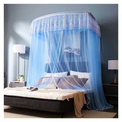 SIAMZYWV Mosquito Net Bed Canopy Lace Luxury 4 Corner Square Princess Fly Screen Floor Standing Canopy Curtain Palace Mosquito Net (Color : Blue, Size : 1.8m Bed)
