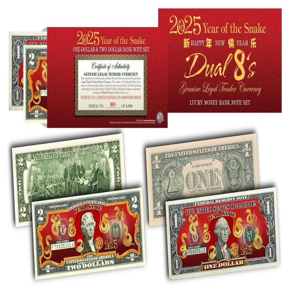 2025 Chinese New Year of The Snake Lucky Money $1 & $2 Set Dual 8s Gold Snakes