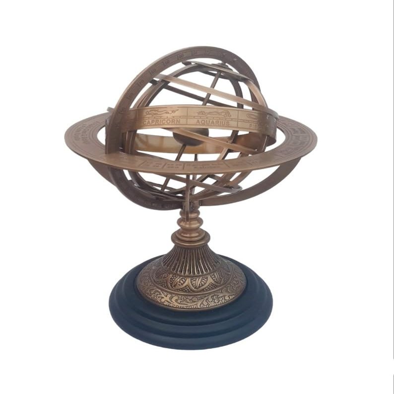 Brass Armillary Sphere Globe with Zodiac Engraving, 12" Height, 5" Globe Diameter, Wooden Base