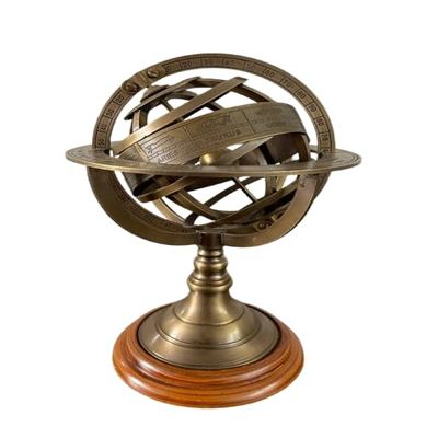 Brass Celestial Globe Armillary Sphere on Wooden Base, Maritime Nautical Table Decor