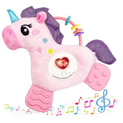 PLSFSS Baby Musical Activity Soft Toys with Sound & Light, Sensory Toys for Infant Developmental with Teether, Rattle and Textures, Soft Plush Toy for Newborn Gift 6 to 12 Months (Pink Unicorn)