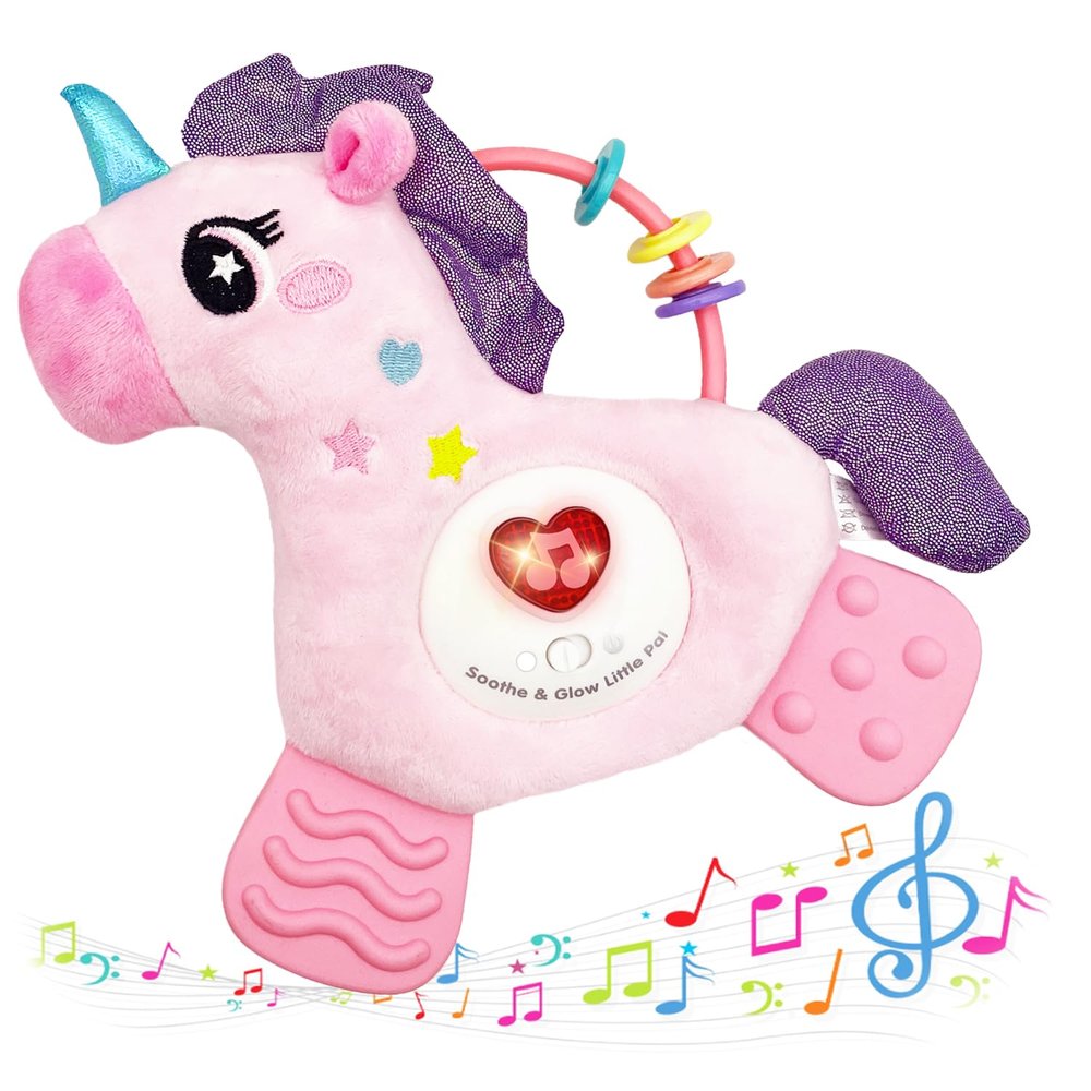 PLSFSS Baby Musical Activity Soft Toys with Sound & Light, Sensory Toys for Infant Developmental with Teether, Rattle and Textures, Soft Plush Toy for Newborn Gift 6 to 12 Months (Pink Unicorn)