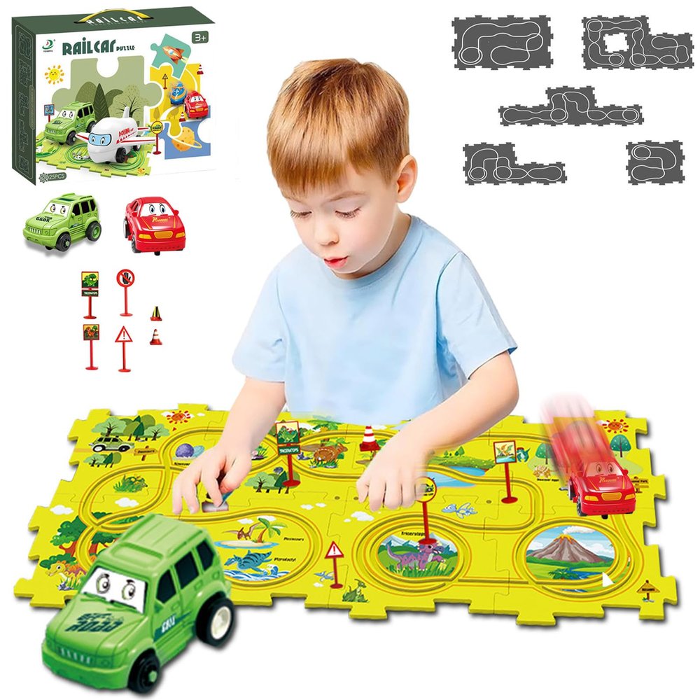 Nukids Puzzle Racer Kids Car Track Play Set, Toys for 3-6 Year Old Boys, Dinosaur Theme, 15PCS