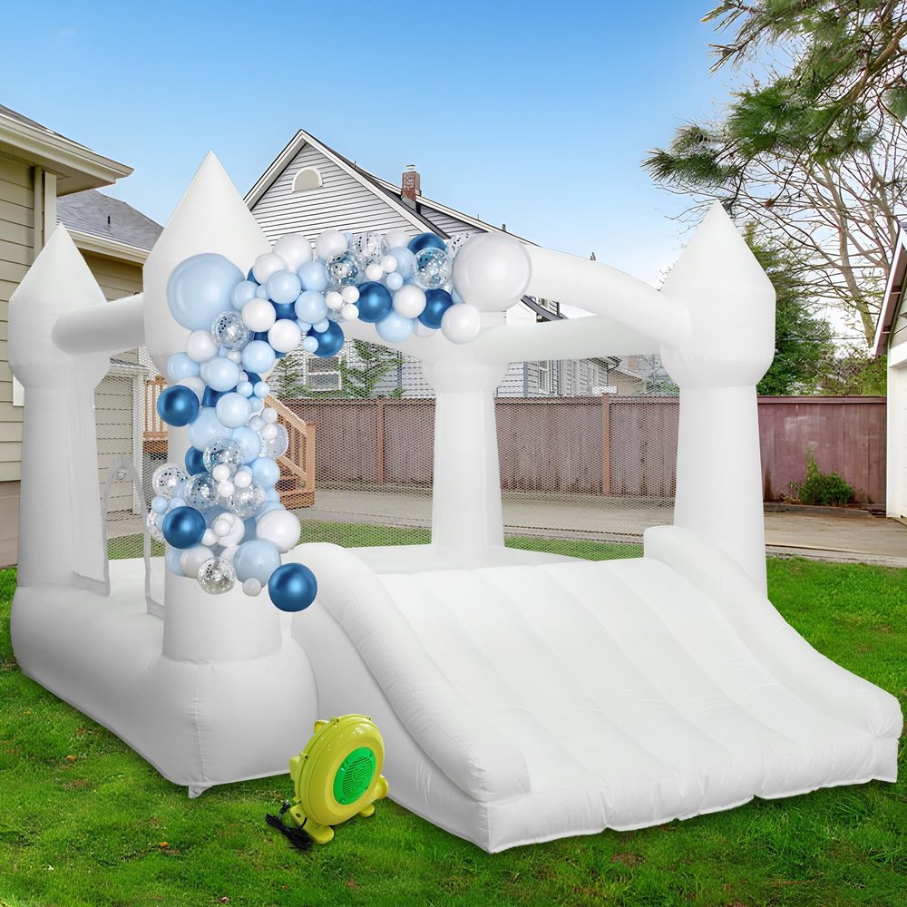 AKSPORT Inflatable Bounce House,White Castle Bounce House for Kids 3-6 Indoor & Outdoor Inflatable Bouncer House with Slide & Air Blower & Balloons for Kids Birthday Party,Wedding Party