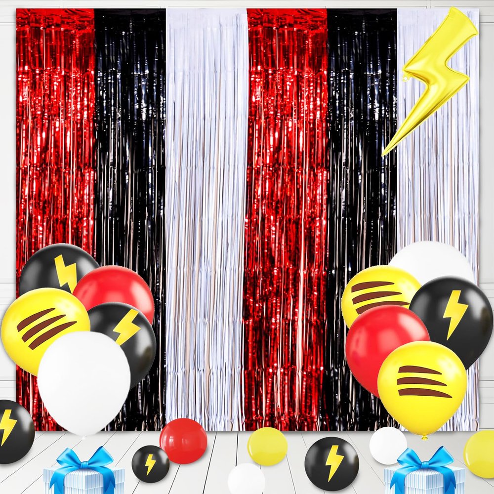 23Pcs Cartoon Ball Birthday Decorations, Red Black White 3.3x8.2ft Tinsel Foil Fringe Curtains Banners and Cute Balloons for Anime Pika Theme Birthday Party Decorations Boys and Girls Party Supplies