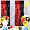 23Pcs Cartoon Ball Birthday Decorations, Red Black White 3.3x8.2ft Tinsel Foil Fringe Curtains Banners and Cute Balloons for Anime Pika Theme Birthday Party Decorations Boys and Girls Party Supplies view 1