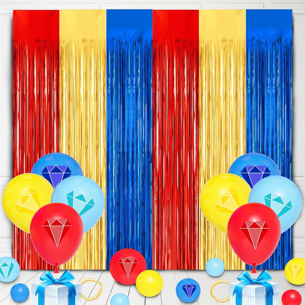 24Pcs Cartoon Hedgeho Birthday Party Decorations, Red Blue Yellow 3.3x8.2ft Tinsel Foil Fringe Curtains Banner and Balloons for Anime Theme Birthday Decorations Boys and Girls Party Supplies