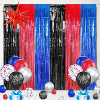 23Pcs Anime Spider Birthday Decorations, Red Black Blue 3.3x8.2ft Tinsel Foil Fringe Curtains Banners and Cobweb Balloons for Spider Theme Birthday Party Decorations Boys and Girls Party Supplies