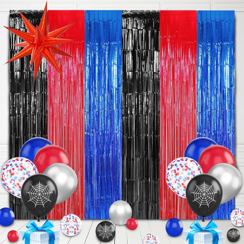 23Pcs Anime Spider Birthday Decorations, Red Black Blue 3.3x8.2ft Tinsel Foil Fringe Curtains Banners and Cobweb Balloons for Spider Theme Birthday Party Decorations Boys and Girls Party Supplies